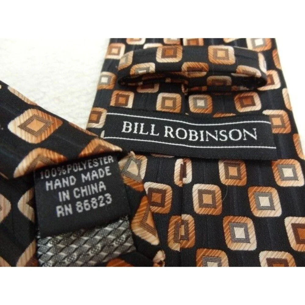 Bill Robinson Gold Squares Black Men’s Neck Tie 100% Polyester